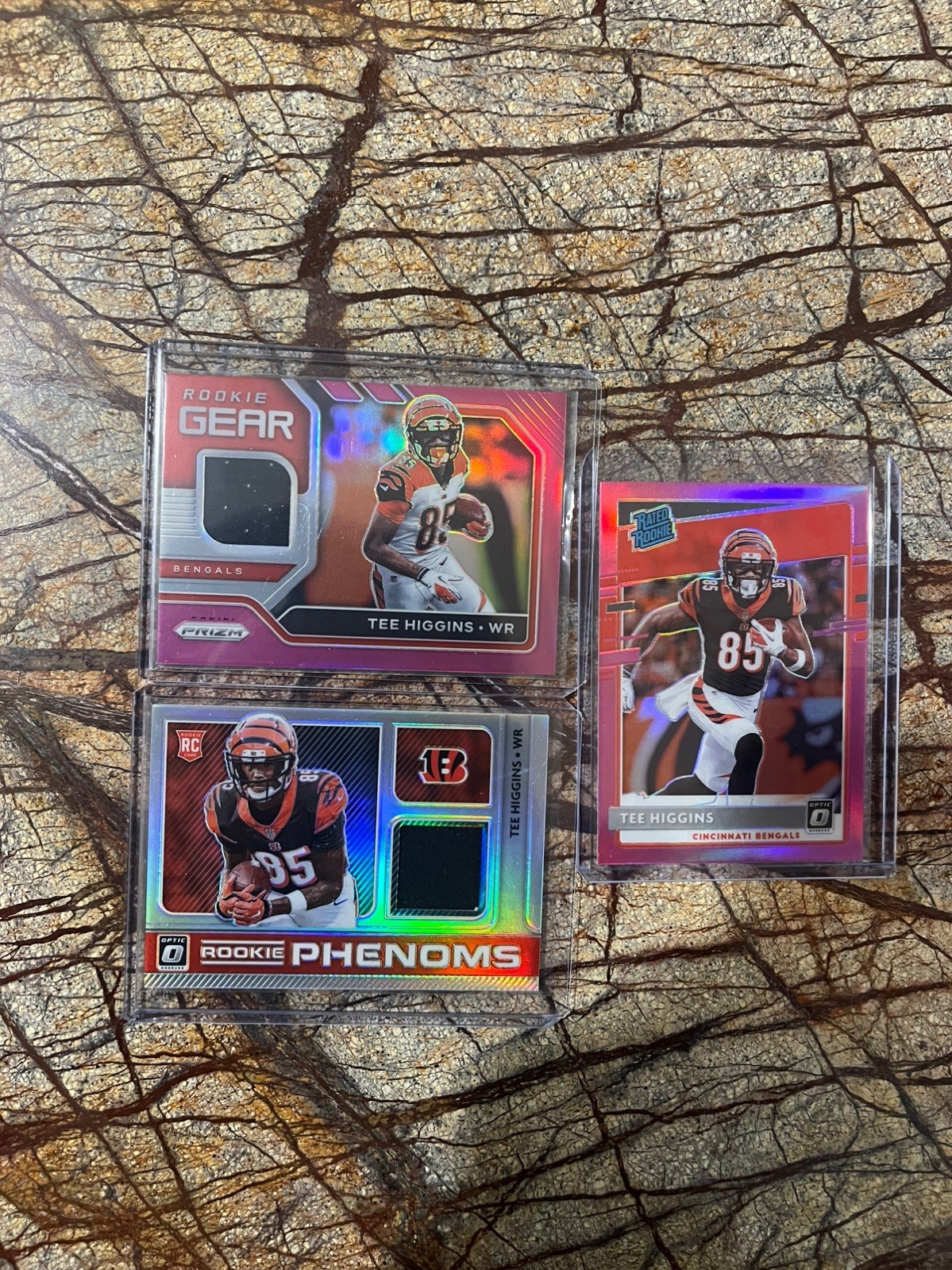 2020 Prizm Rookie Gear Pink + Optic Rookie Phenom & RatedRookie Pink Tee Higgins