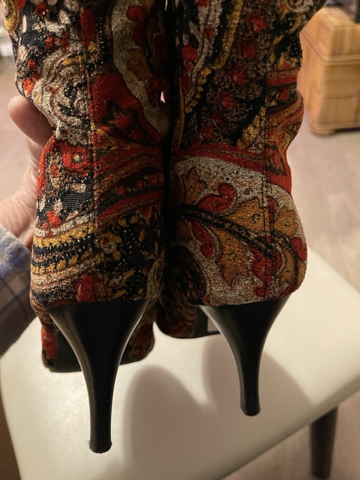 Vintage Diba Tilda Velvet Multicolor Shimmer Paisley Print Knee High heel Boots