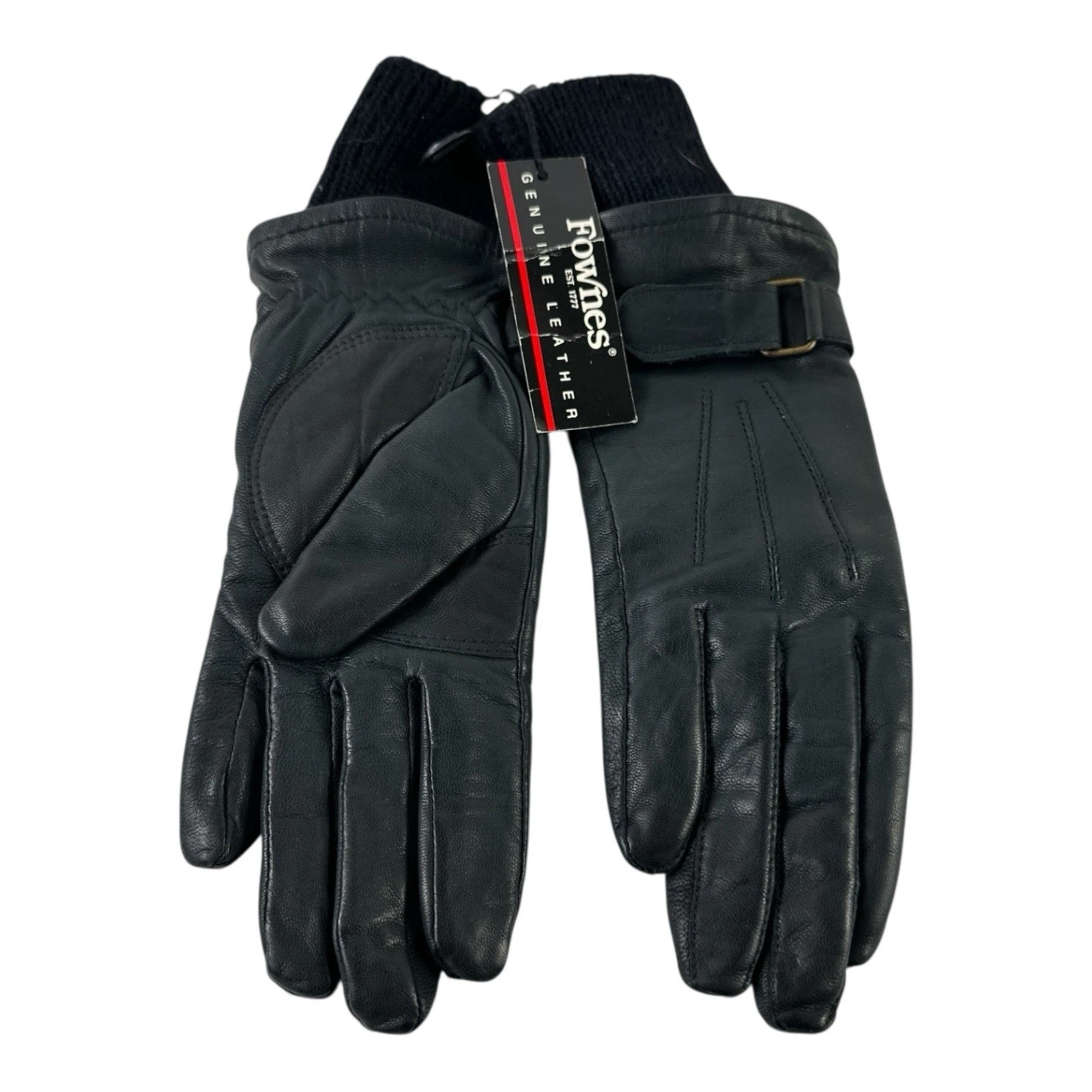 Fownes Women’s Black Leather Gloves Adjustable Wrist strap Lined NWT NOS