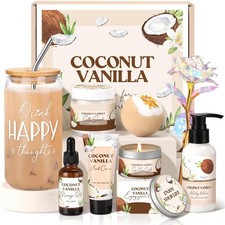Spa Gift Baskets for Women, Vanilla Coconut Bath and Body Gifts Set for Women...