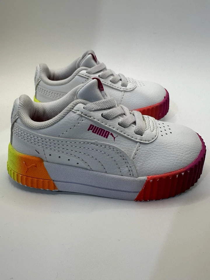NIÑAS PUMA CARINA Neón Desvanecido, Niño Pequeño Blanco Rosa Amarillo Naranja EE. UU. Talla 5C Foto 2 de 4