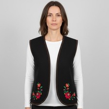 Vintage Black Wool Hungarian Folk Vest w/ Embroidered Flowers - L/XL