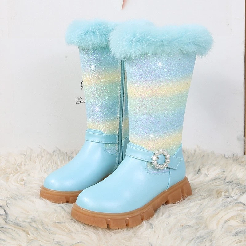 Winter Kids Girls Princess Rainbow Queen Warm Snow Boots Fur Sequin Long boots - Image 4 of 4