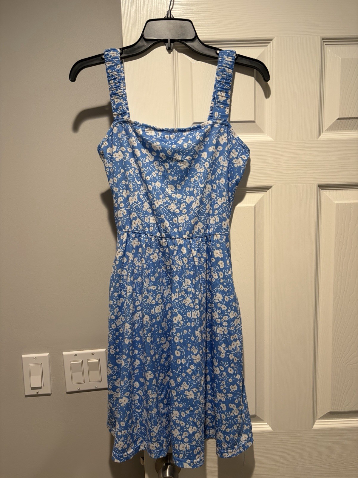 RUHOT Blue White Floral Square Neck A-Line Short Strappy Sleeveless Dress S