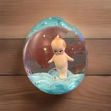 Vintage Joe St. Clair Signed Glass Sulphide Paperweight Kewpie on Blue 3 1/4"