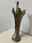 Vintage Fenton or Northwood green carnival glass swung vase in the Diamond & Rib