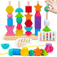 Montessori Wooden Beads Sequencing Toy Set, Stacking Blocks Lacing Medium