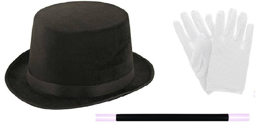 Adults Magician Illusionist Top Hat Magic Wand & White Gloves Circus Fancy Dress