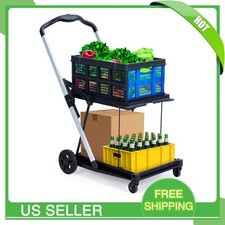 Heavy-Duty 2-Tier Collapsible Garden Cart Collapsible Utility Trolley w/Basket