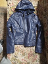 Giacca Giubbotto Cappuccio Ragazza Donna Cappuccio Ecopelle Blu Notte Nuovo