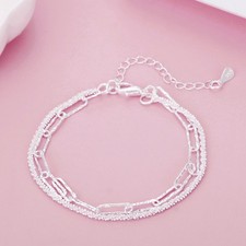 925 Solid Sterling Silver Linked Charm Simple Bracelet Women Ladies Jewellery UK
