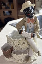 Vintage Folk Art African American Figurine Playing Accordion. 8” X 5-1/2” EUC!