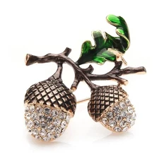 Vintage Rhinestone Acorn Brooch – Gold Autumn Leaf Pin, Fall Nature Jewelry Gift