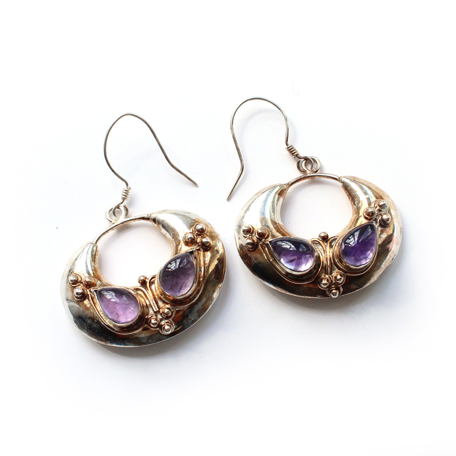 Vintage Solid Silver Amethyst Cabochon Chubby Hoo… - image 3