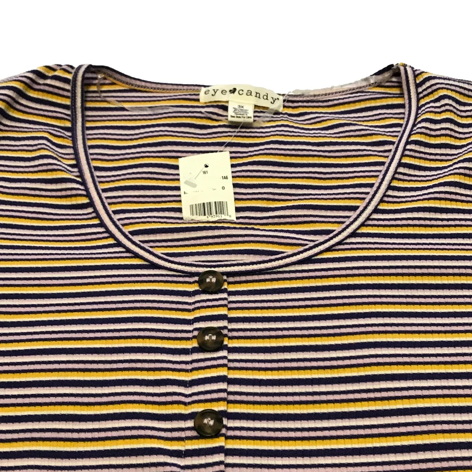 Eye Candy Womens Top Sz 3X Lavender Yellow Black Stripe Front Knot Stretch NWT - Image 2 of 4