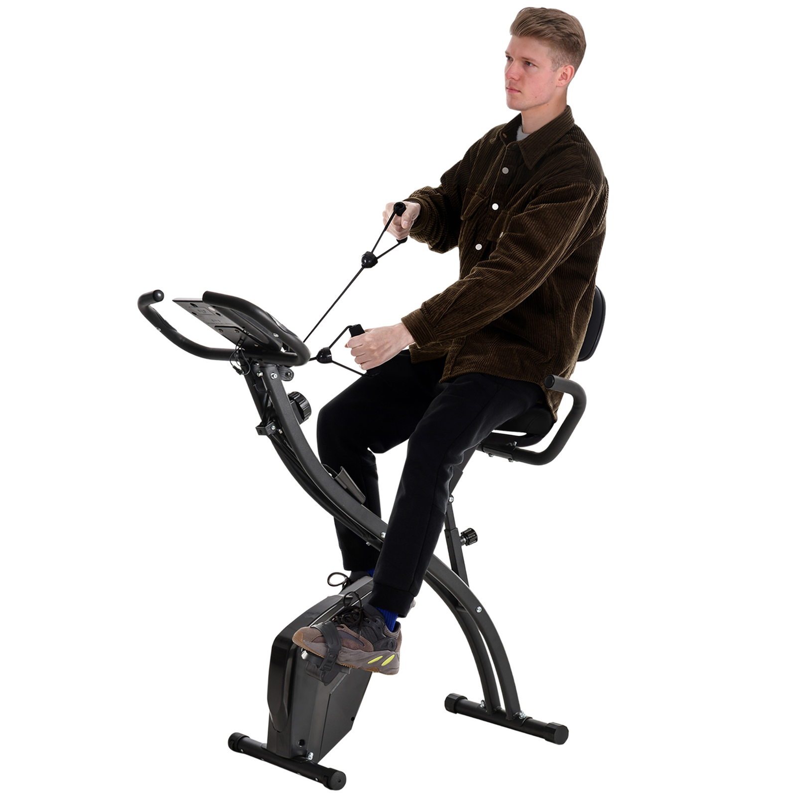 HOMCOM Cyclette Pieghevole in Acciaio Nero con Bande Elastiche e LCD