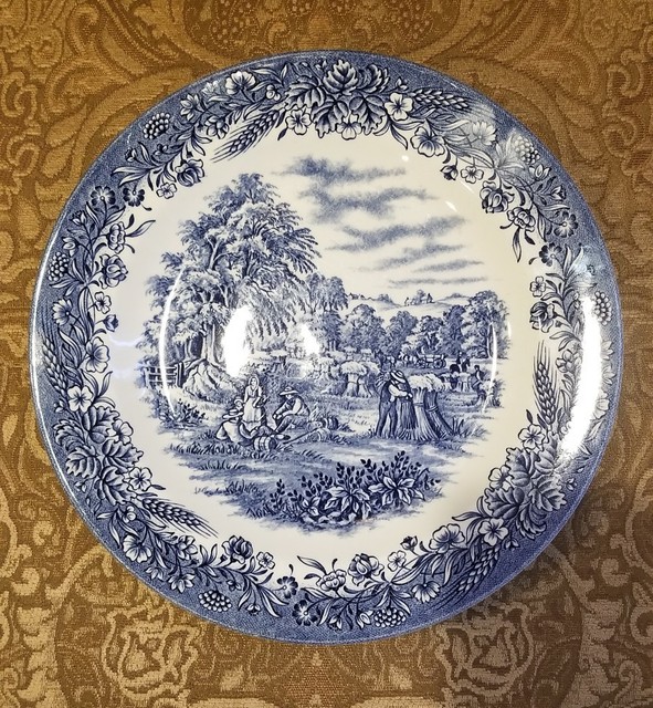 Vintage Churchill England Currier & Ives HARVEST Blue 10.25" Dinner