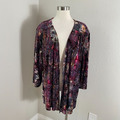 Sejour Womens Plus 3X Open Front Purple Velvet Burnout Floral Cardigan Kimono