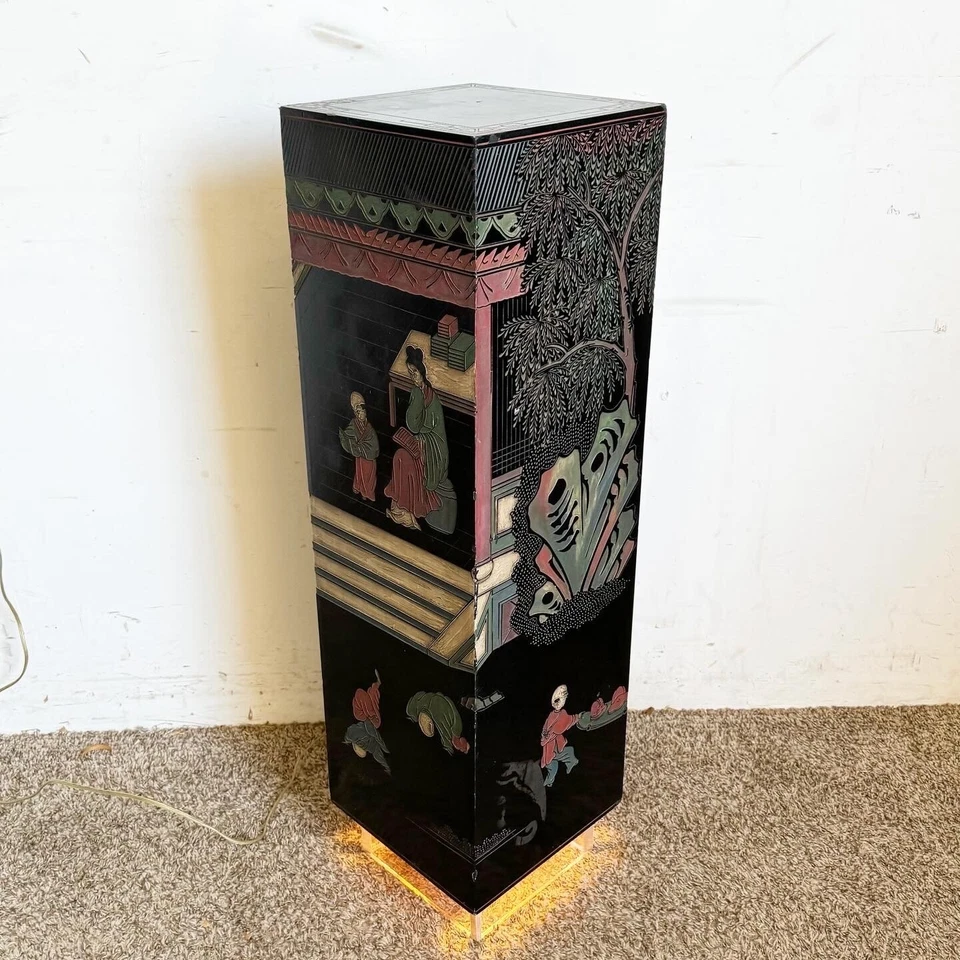 Chinese Hand Carved and Painted Black Pedestal With Lit Acrylic Base - Image 2 of 4