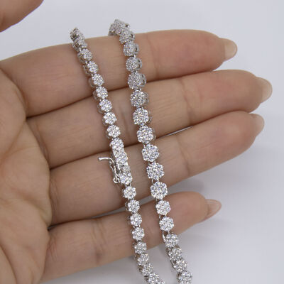 Graduated Flower Cluster Tennis Chain Necklace Sterling Silver 925