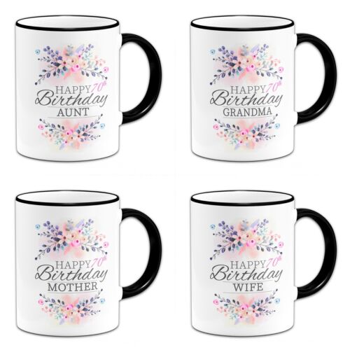 Floral Happy 70th Birthday (Relative)  ..Novelty Black Handle & Rim Gift Mug - Picture 1 of 24