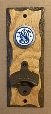 Smith & Wesson Firearms logo wall mount bottle opener solid oak