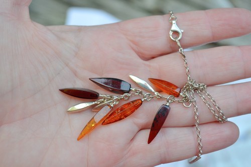 Lovely vintage short lariat necklace amber & sterling silver drops cluster sleek - Picture 6 of 7