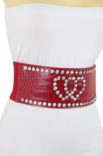 Women Red Elastic Wide Belt Hip High Waist Silver Heart Love Friendship Size S M - Picture 12 of 23