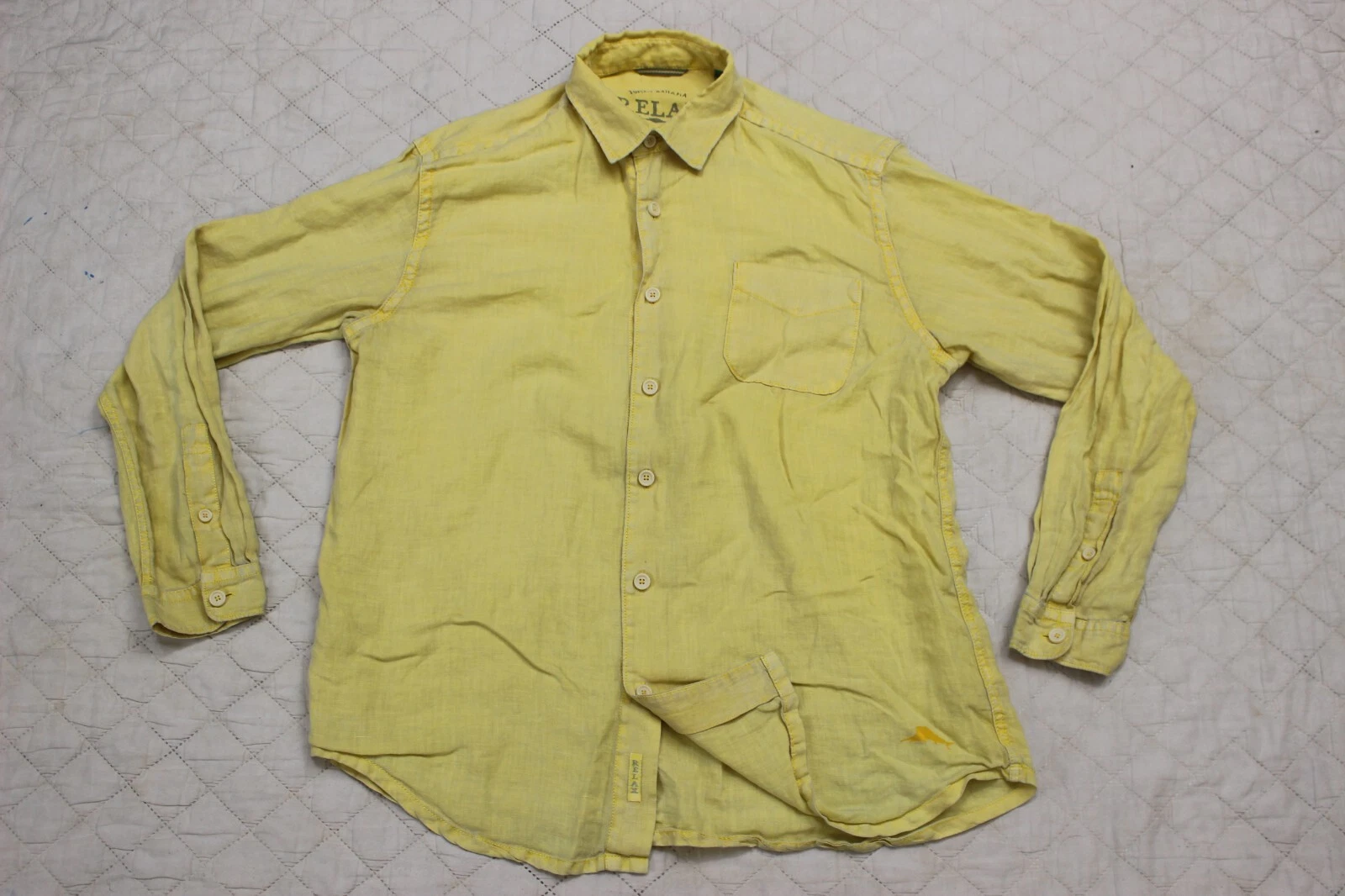 Tommy Bahama mens L 100% linen yellow button up long sleeve shirt