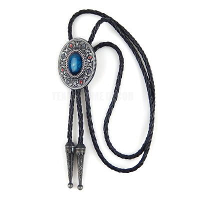 Turquoise Oval Aztec Style Bolo Tie 40'' Genuine Leather Cord Antique Silver Tone