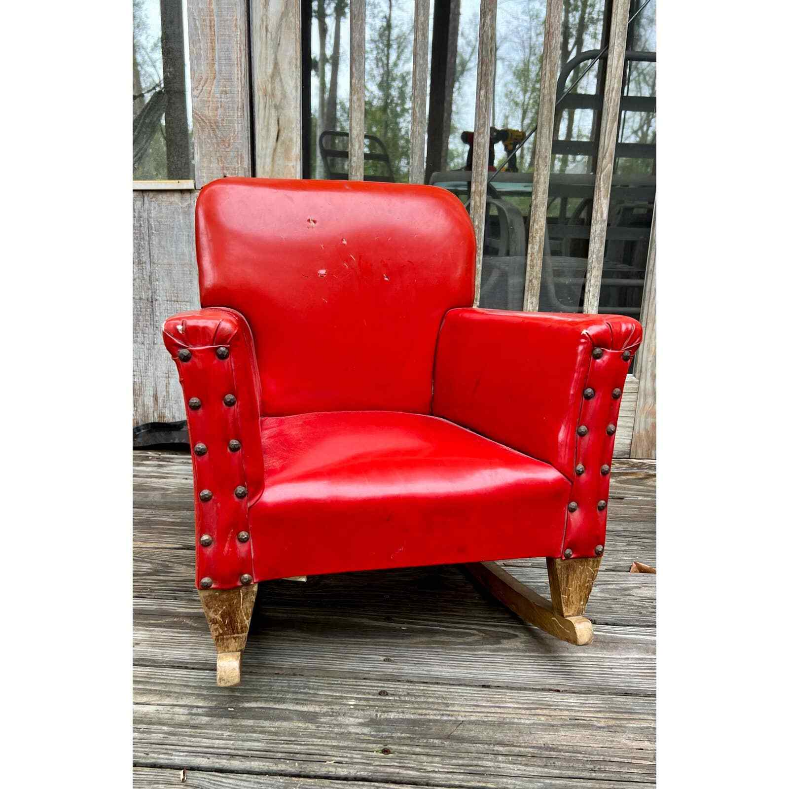 Vintage 1950's Childrens Rocking Chair Red Vinyl Wooden Leg Photography