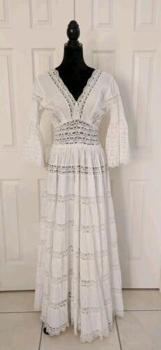 Vtg 60s Bridal Mexican Pintuck Wedding Cotton Scalloped Lace Bell Sleeve Dress