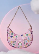 Care Bears Rainbow Print Shoulder Baguette Bag Purse-Pink/Gold Hardware, KAWAII