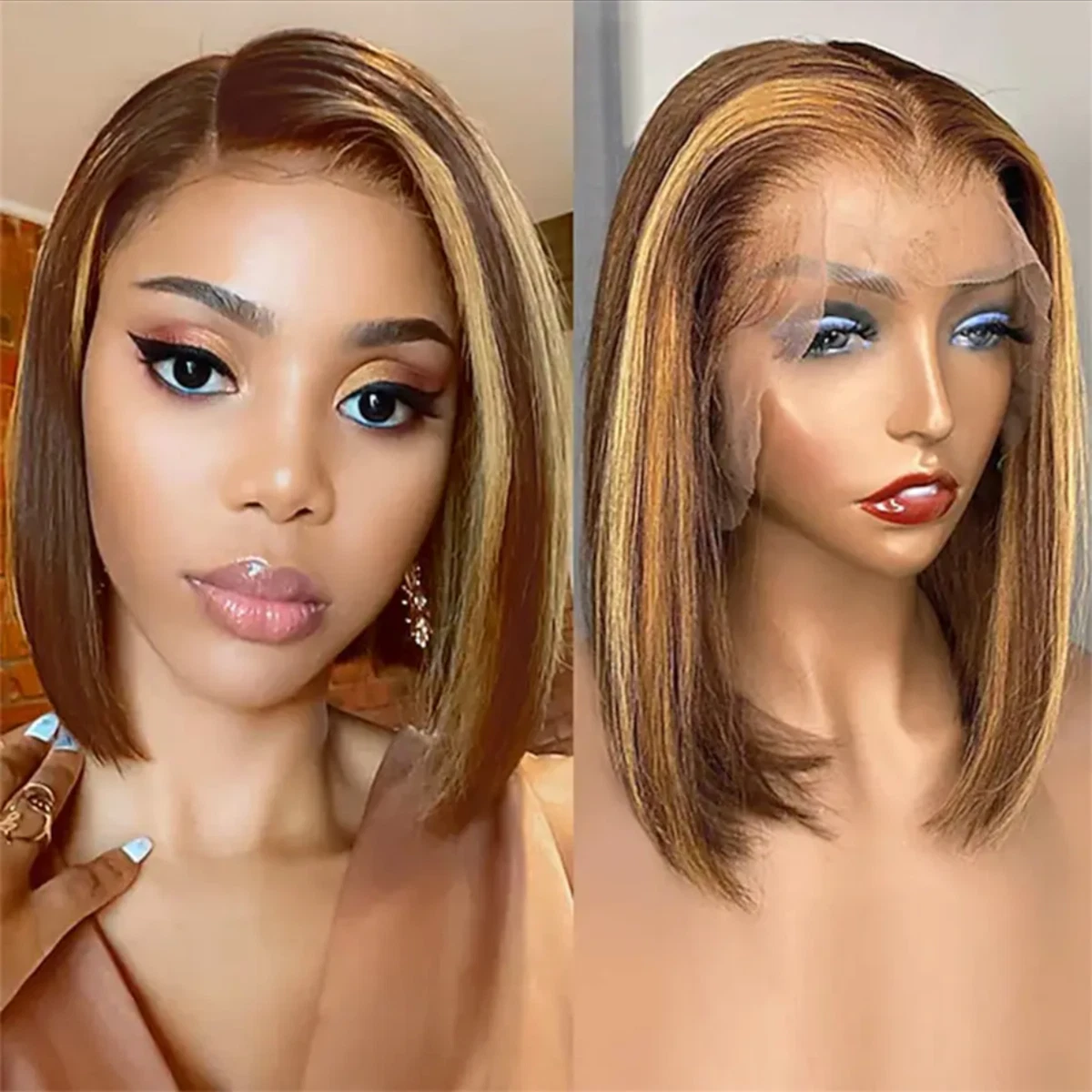 Women Human Hair Bob Highlight Bob wig Straight Body Curly Lace front Cheap wig
