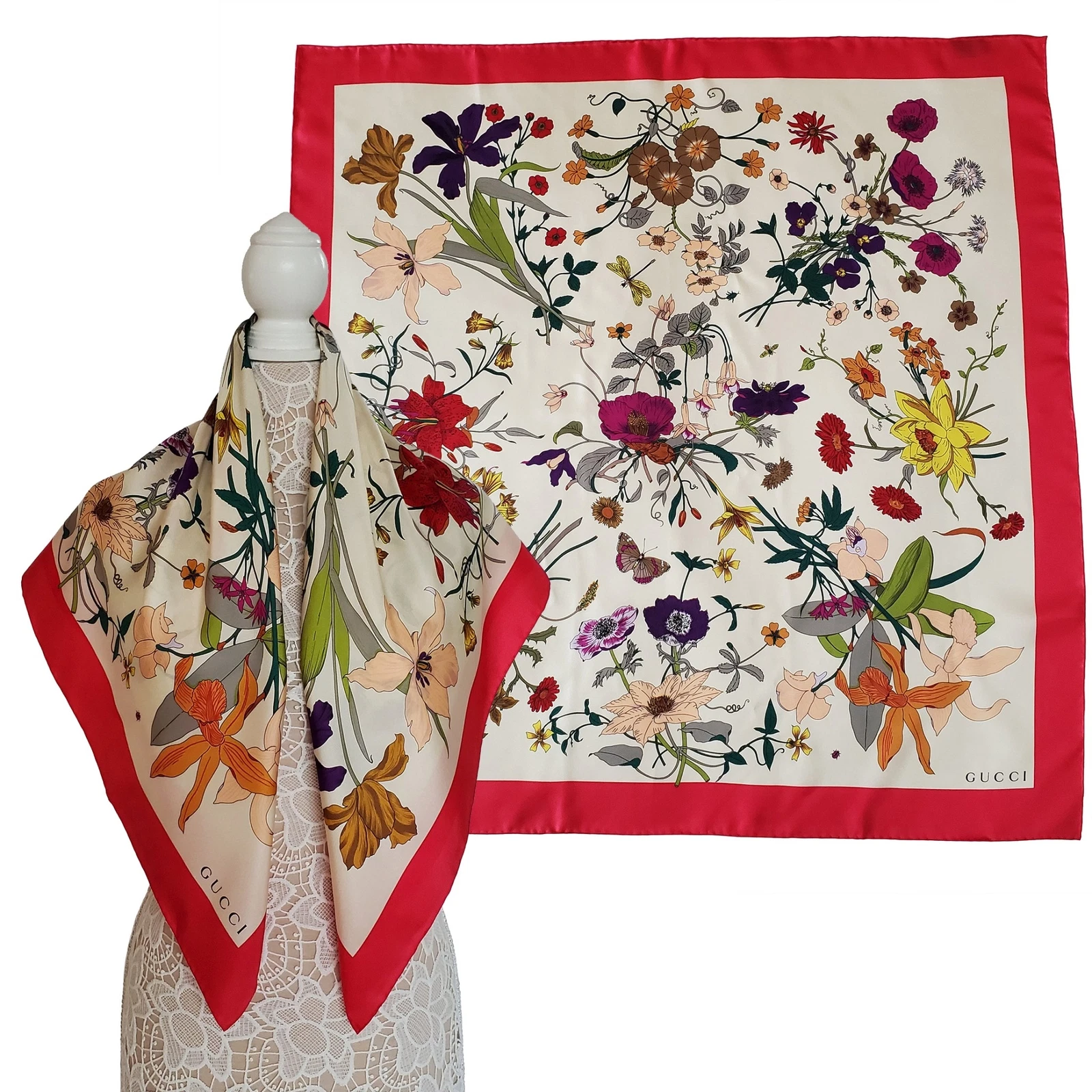 FOULARD GUCCI FLORE IMPRIMÉ GOTHIQUE IVOIRE SOIE VERT BORDURE CARRÉ 35