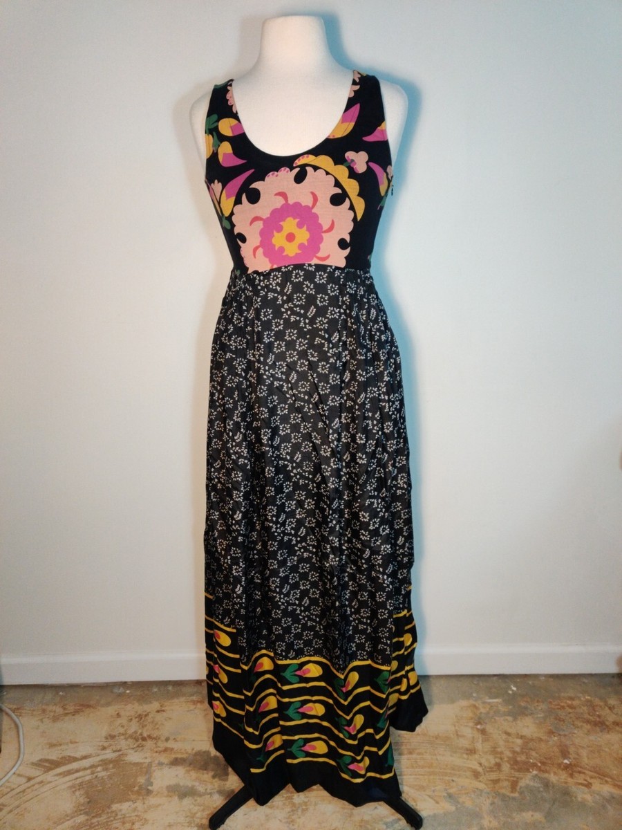 Anthropologie Anupamaa Floral Maxi Dress Black Pink White Gold Sz XS Anthropologie Anupamaa Floral Maxi Dress Black Pink White Gold Sz XS
