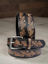 Beaded Western Belt Cowboy Rodeo Full Grain Leather Hand Tooled Removable Buckle