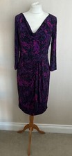 Gina Bacconi Navy Blue Purple Pink Abstract Mock Wrap Pencil Dress Size 12 VGC