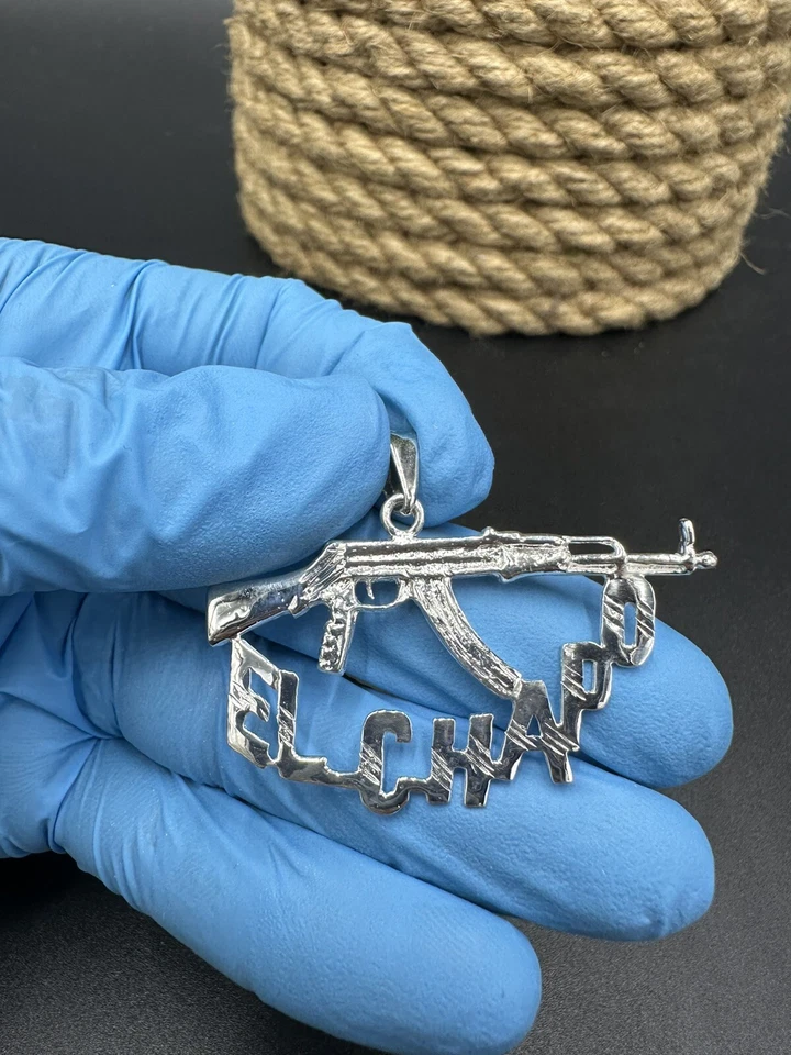 New EL CHAPO! Real Solid 925 Sterling Silver Hand Made Diamond Cut Pendant 1.9” - Image 2 of 4