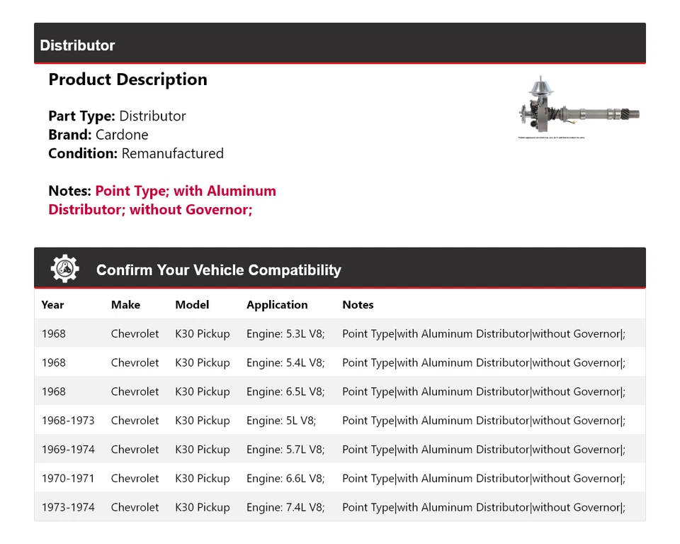 Para Chevrolet K30 1968-1974 camioneta distribuidor Cardone 1969 1970 1971 1972 1973 Foto 2 de 4