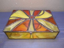 Stained Slag Glass Vintage Jewelry Trinket Box Floral Mirrored Keepsake 7x5x2  