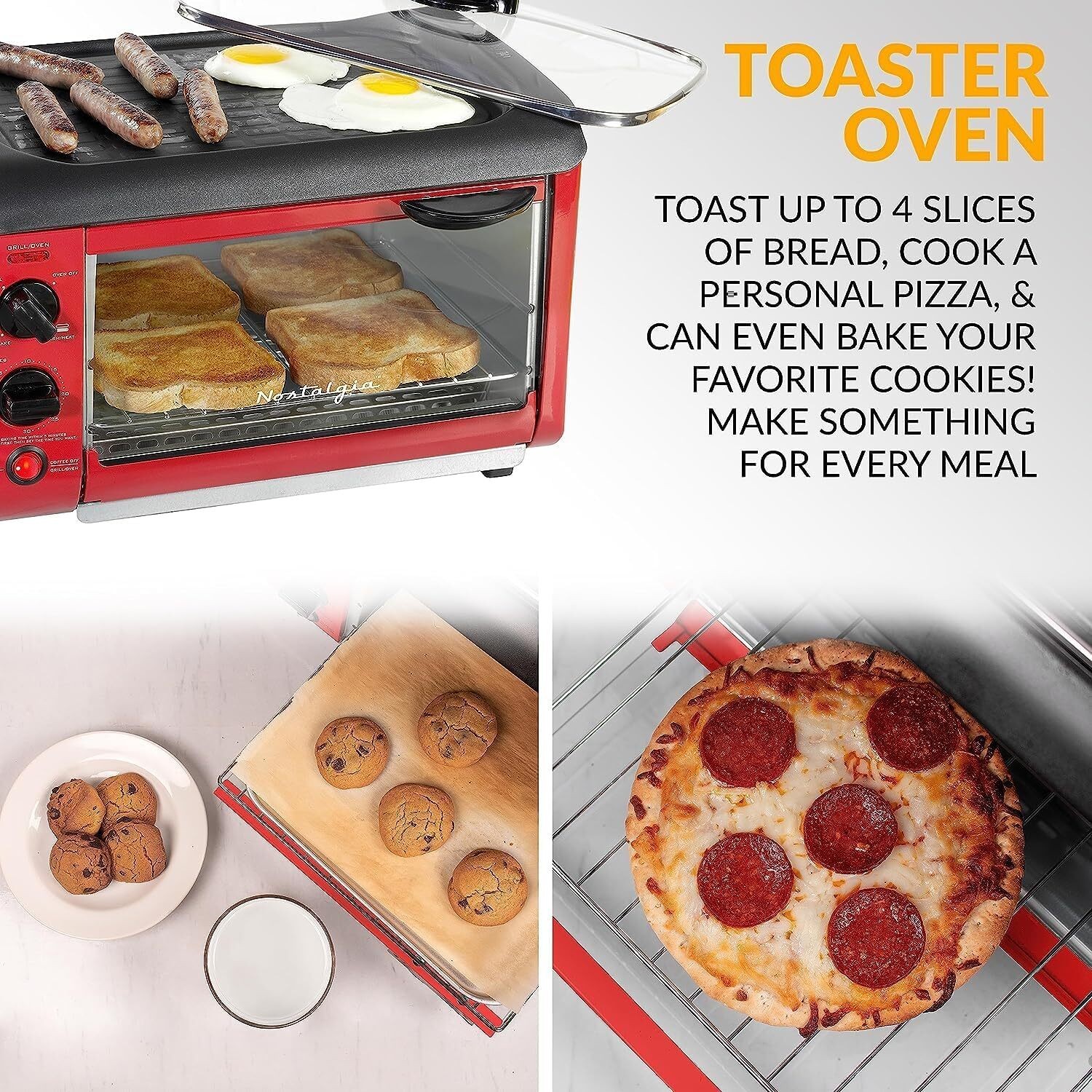 3-in-1 Breakfast Station Coffee Maker Non-Stick Griddle and 4-Slice Toaster Oven