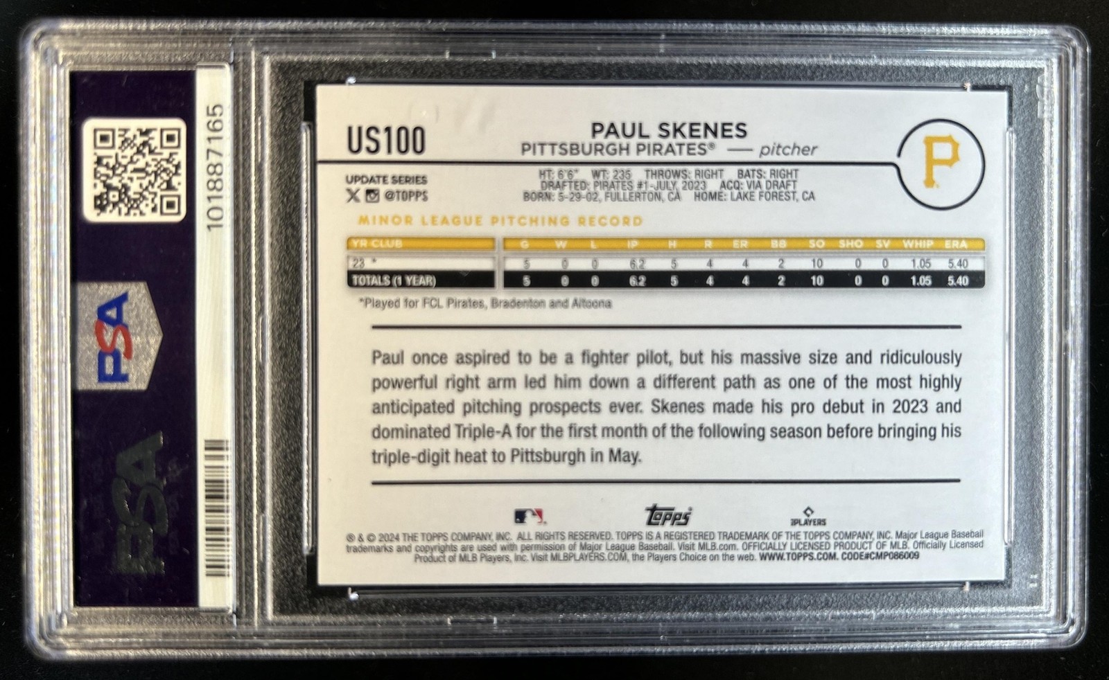 2024 Topps Update Paul Skenes Gold Rainbow Foil Rookie RC #US100 Pirates PSA 10 view 2