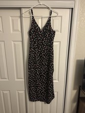 SHEIN Black Floral Print Halter Slip Midi Dress Size L - V-Neck Spaghetti Strap