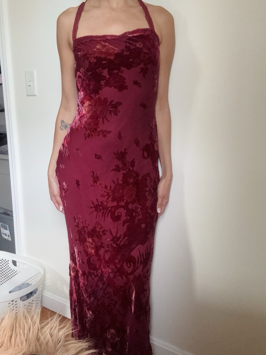 Rare vintage Betsey Johnson red wine velvet floral long dress | eBay