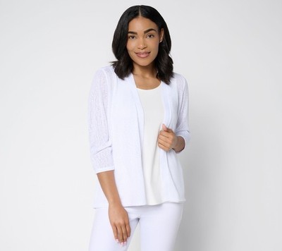 Denim & Co. Slub Knit Open Front 3/4-Sleeve Cardigan White L New
