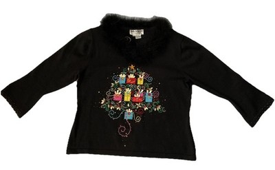 Vintage Bejeweled Christmas Sweater, Feather Collar-Jack B Quick-Size Large