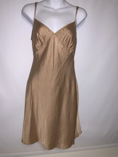Victoria's Secret Silk Slip Dress Womens Medium Khaki Open Back Chemise VTG Y2K - Picture 1 of 6