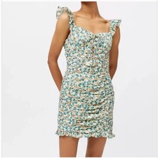 Urban Outfitters Kiss The Sky Floral Ruched Mini Dress Blue Cream Ruffle Small