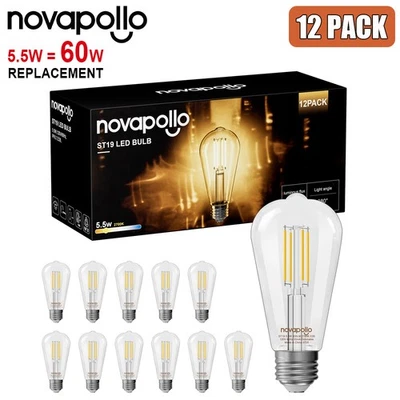 NOVAPOLLO 12 PACK Dimmable LED Edison Light Bulbs 2700K Warm White E26 60W Equivalent 5.5W